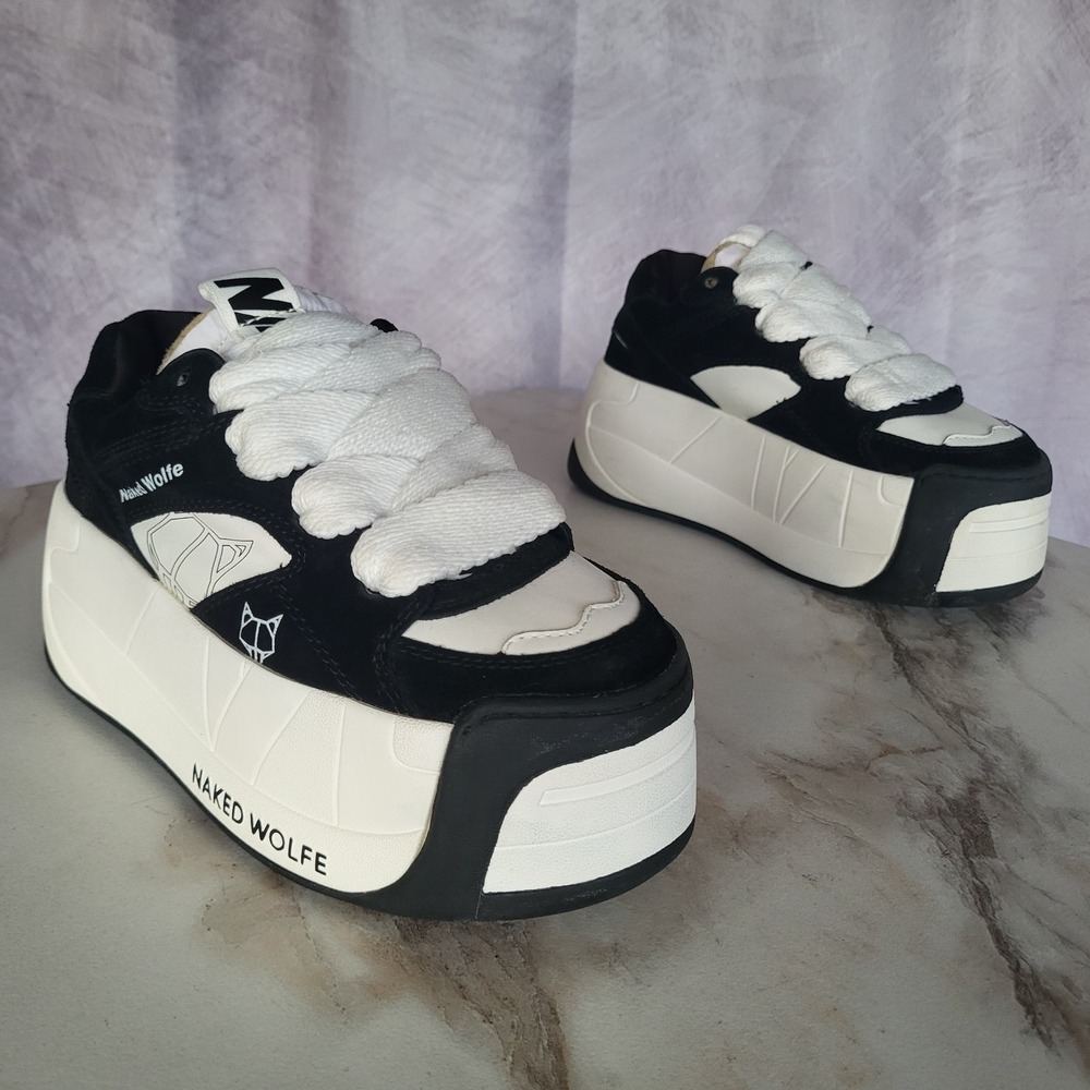 Naked Wolfe Chunky Fat Lace Platform Sneakers Size 6 Women s Suede Black White